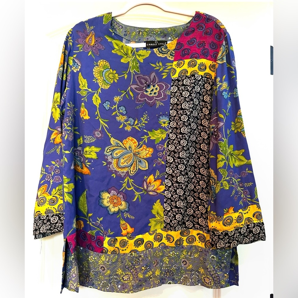 Carole Little Sz XL Women's Vibrant Floral Patchwork Tunic Blouse Top Party